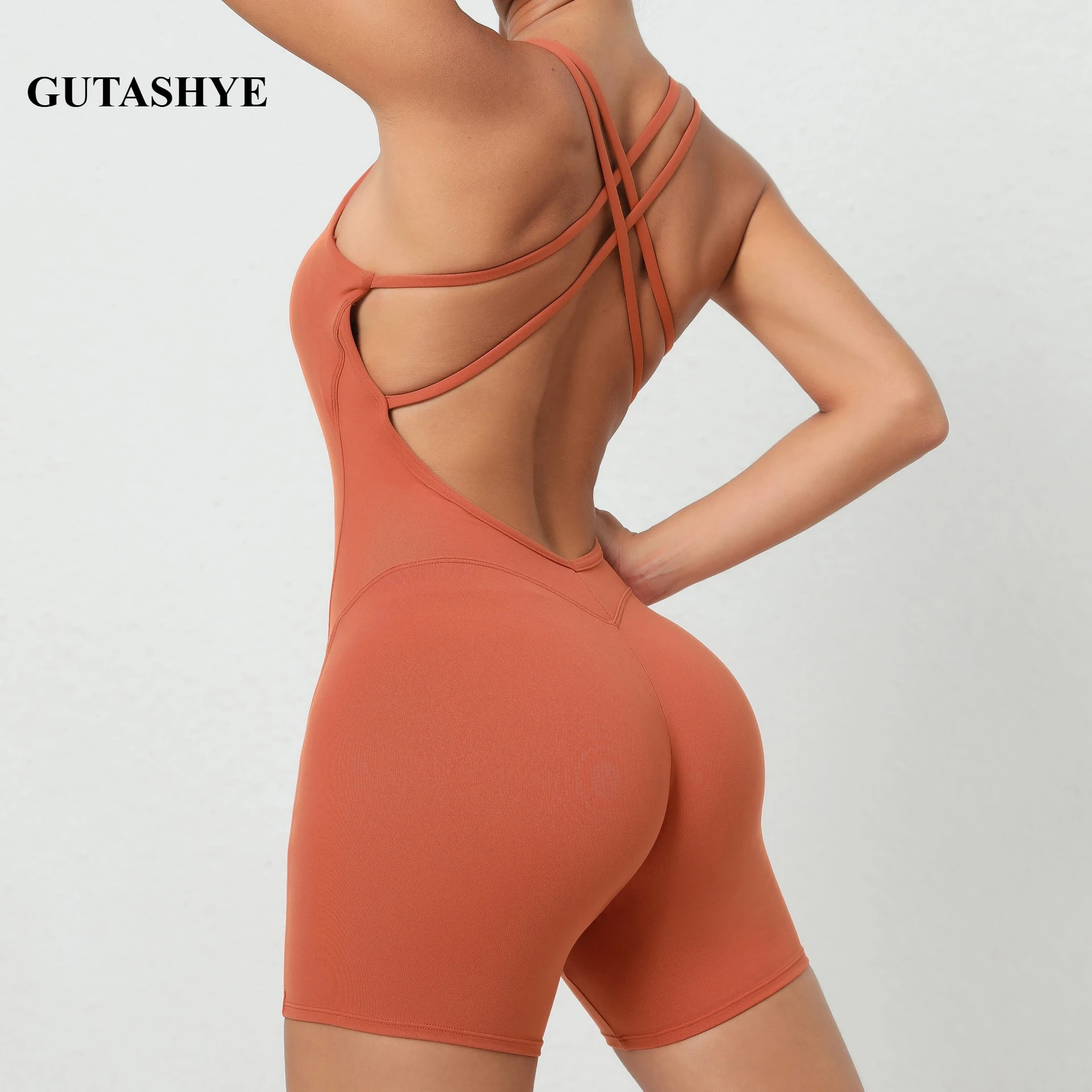 Women Butt Lifting Yoga Jumpsuit Crisscross Back Bodycon One Piece Shorts No Camel Toe Fitness Pilates Workout Wear