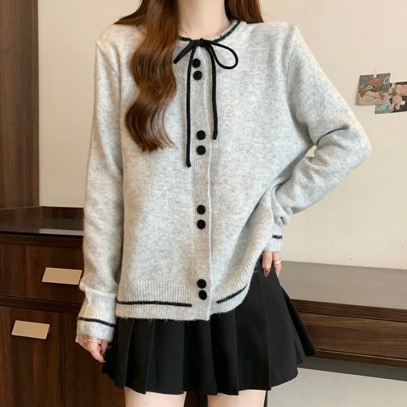 Korean Simplicity Sweet Commute Unique Design Bowknot Lace Show Off Weight Loose Laziness Ladies\' Cardigan Autumn Winter 2024