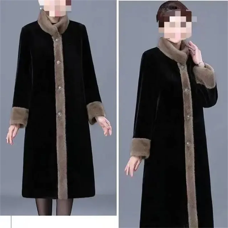 Herfst Lange Plus Size Dames Nertsenbont Imitatie Dameskleding Stijlvolle Opstaande Kraag Nertsen Mode High-End Moeder Winterjas