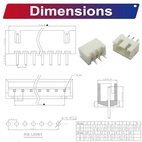 Jogo do conector do encabeçamento do JST-XH2.5 DIP, adaptador do passo do JST-XH, 2.54mm, através do encabeçamento vertical do furo, XH2.5-DIP-Ver