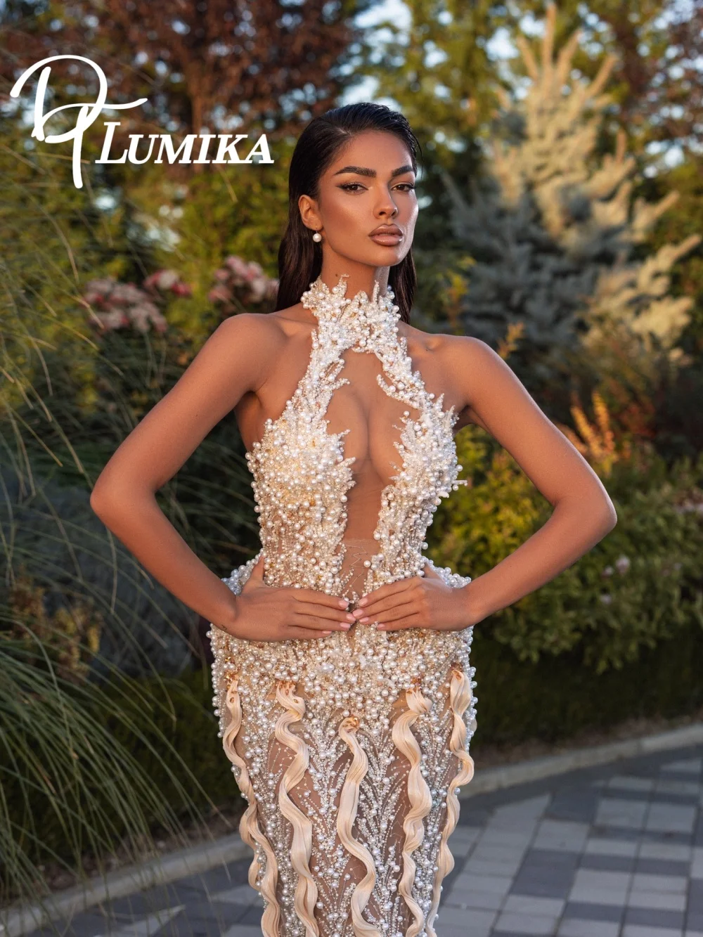 

Роскошное свадебное платье с бретелькой на шее и рюшами, 2026, романтическое свадебное платье из сетки с бисером, модное свадебное платье трапециевидной формы длиной до пола, халат