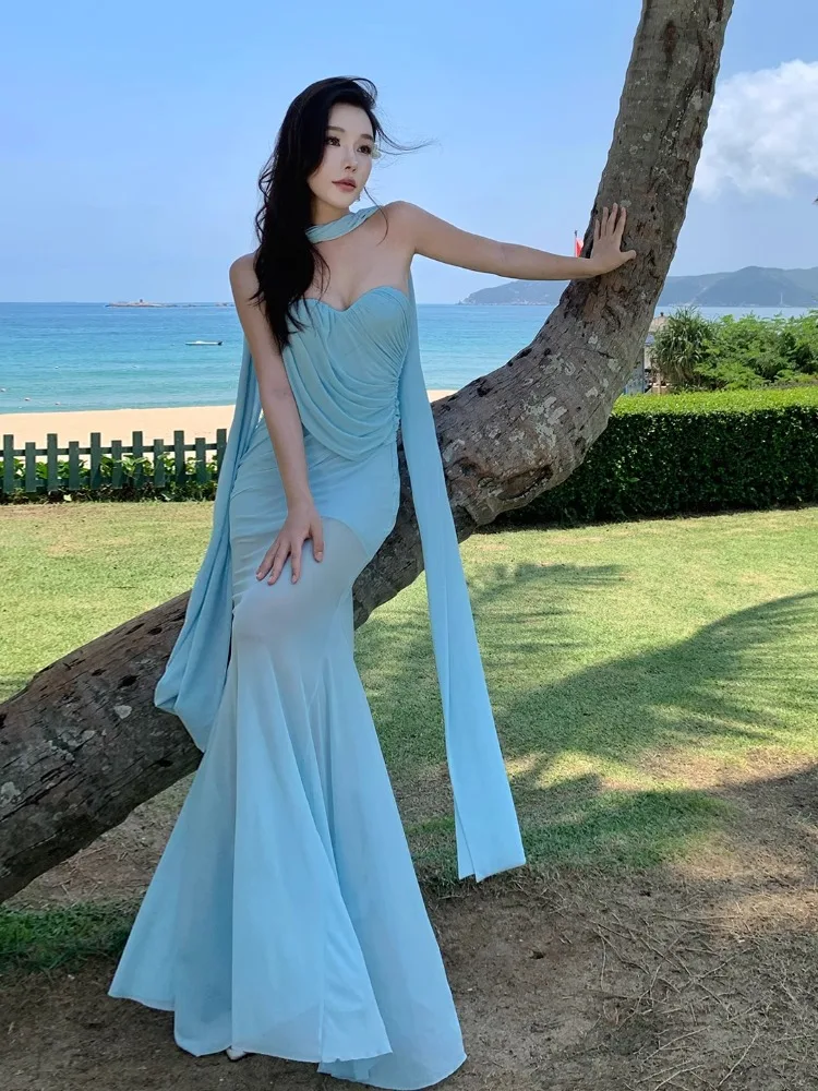 

Summer Blue Mesh Elegant Sexy Vacation Party Long Dress Women Sleeveless Backless Pleated Fishtail Strapless Evening Dress Trend