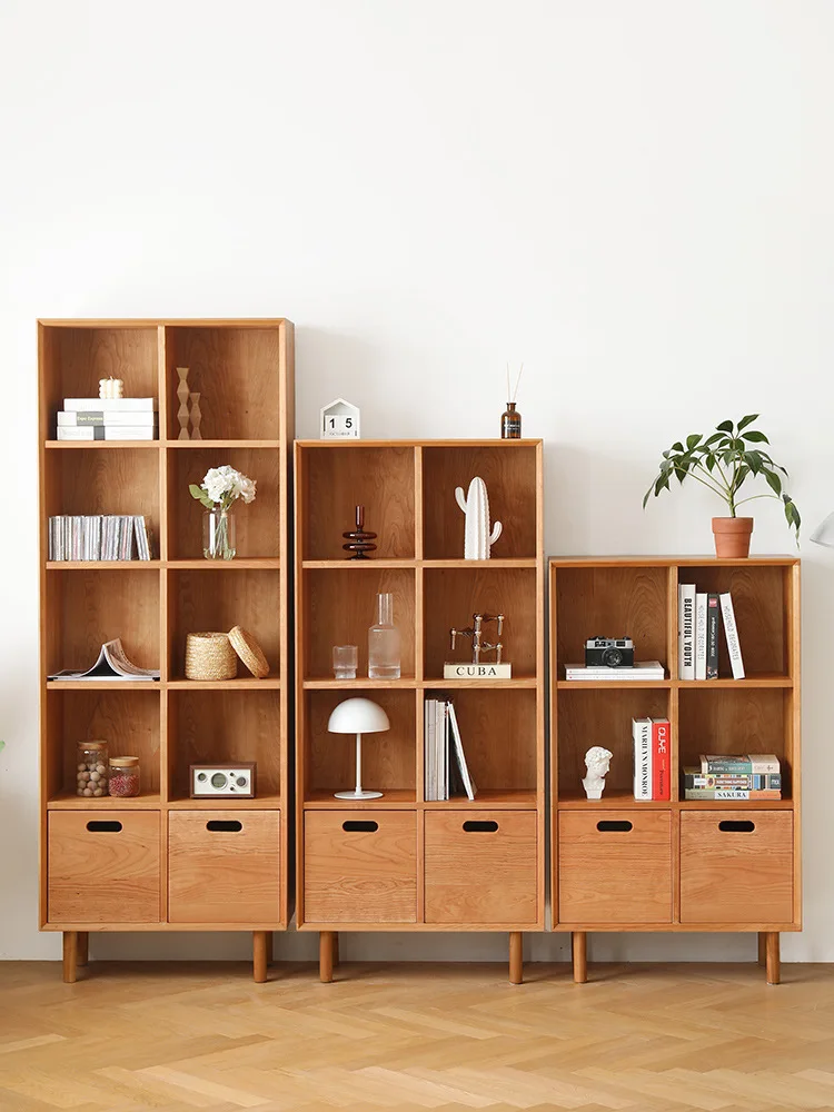 Bookshelf solid wood bookcase Household raised storage cabinet on the floor against the wall Multi-functional display