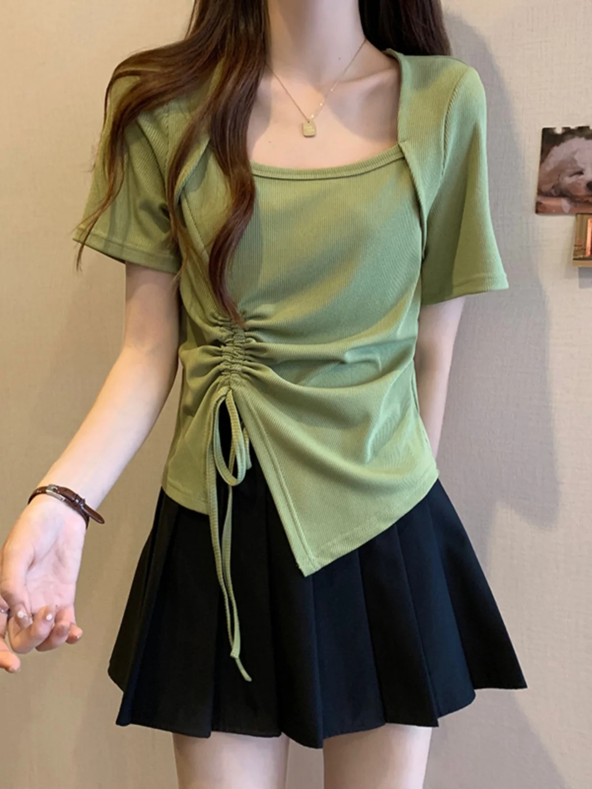

plus Size Women's Summer New Style Slimming Meat Covering Square Collar Short Sleeve T-Shirt Irregular Shoulder High Waist Ko...