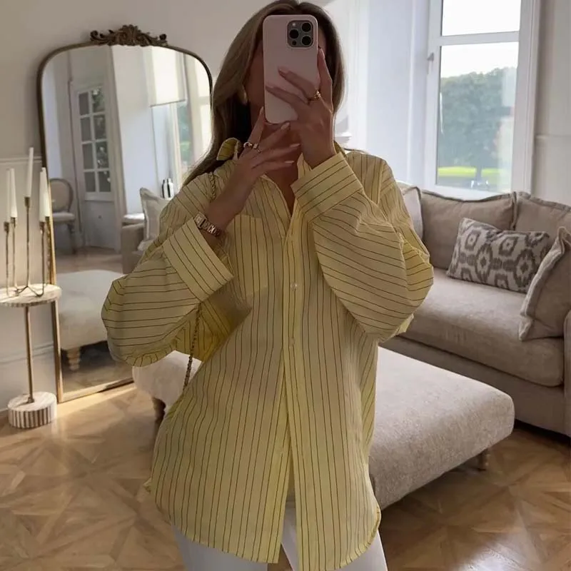 

YENKYE 2025 Women Striped Loose Shirt Long Sleeve Lapel Collar Front Button Casual Autumn Blouse Streetwear roupas feminina