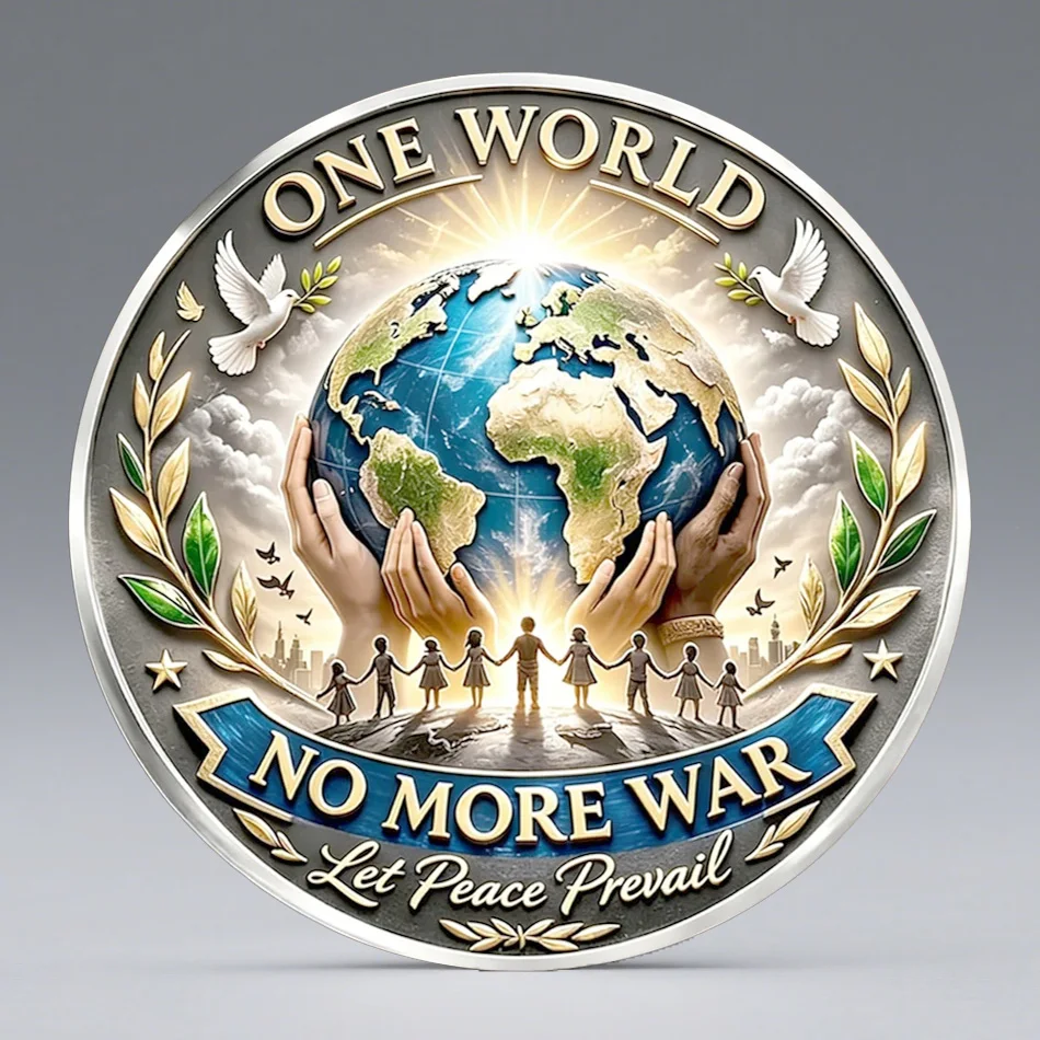 2D UV Silvery Plated World Peace Prevails Commemorative Coin One World No More War Challenge Coin