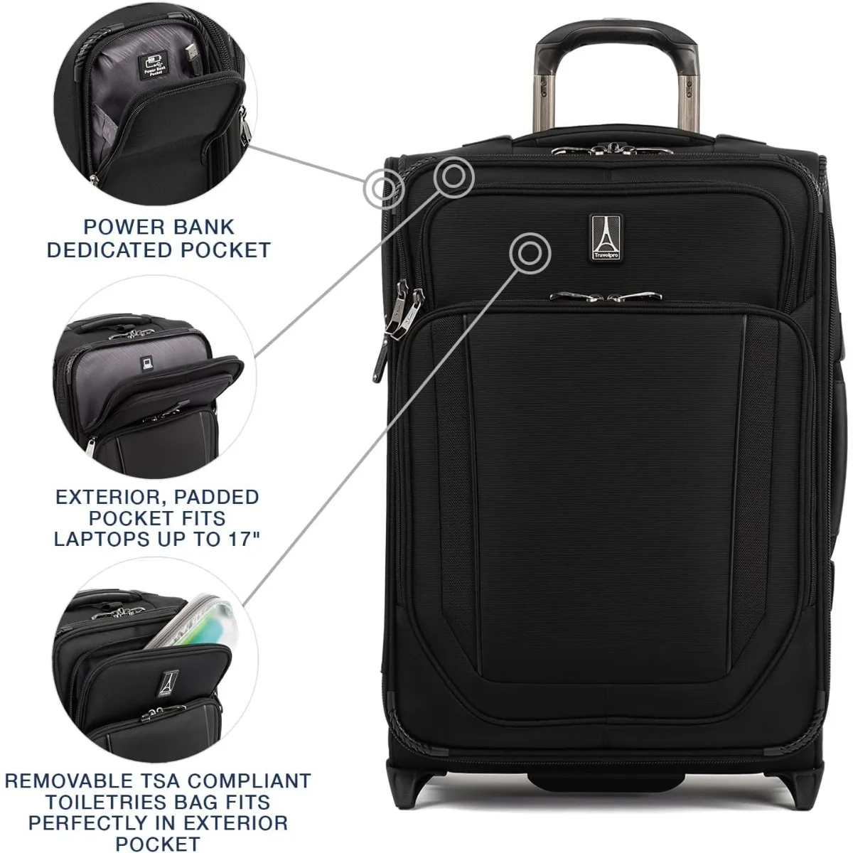 Expandable 2 Wheel Upright Carry on Luggage, External USB Port, 17-Inch-Laptop Pocket, Men and Women, Jet Black,Carry On 21-Inch