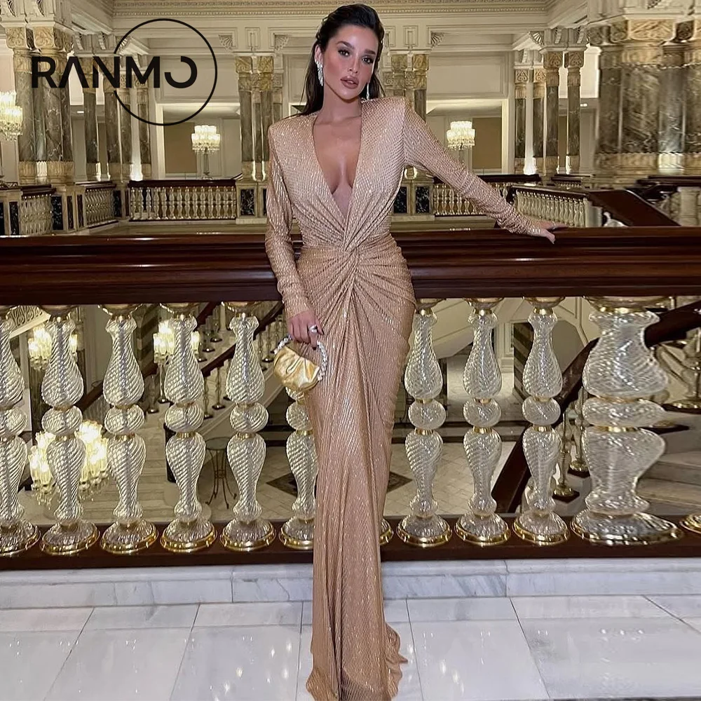 Ranmo Personalizowana Luksusowa Seksowna Sukienka Wieczorowa 2026 z Odkrytymi Ramionami, Długimi Rękawami, Głębokim Dekoltem w Serek, Seksowna Sukienka Koktajlowa Syrena/Trumpet