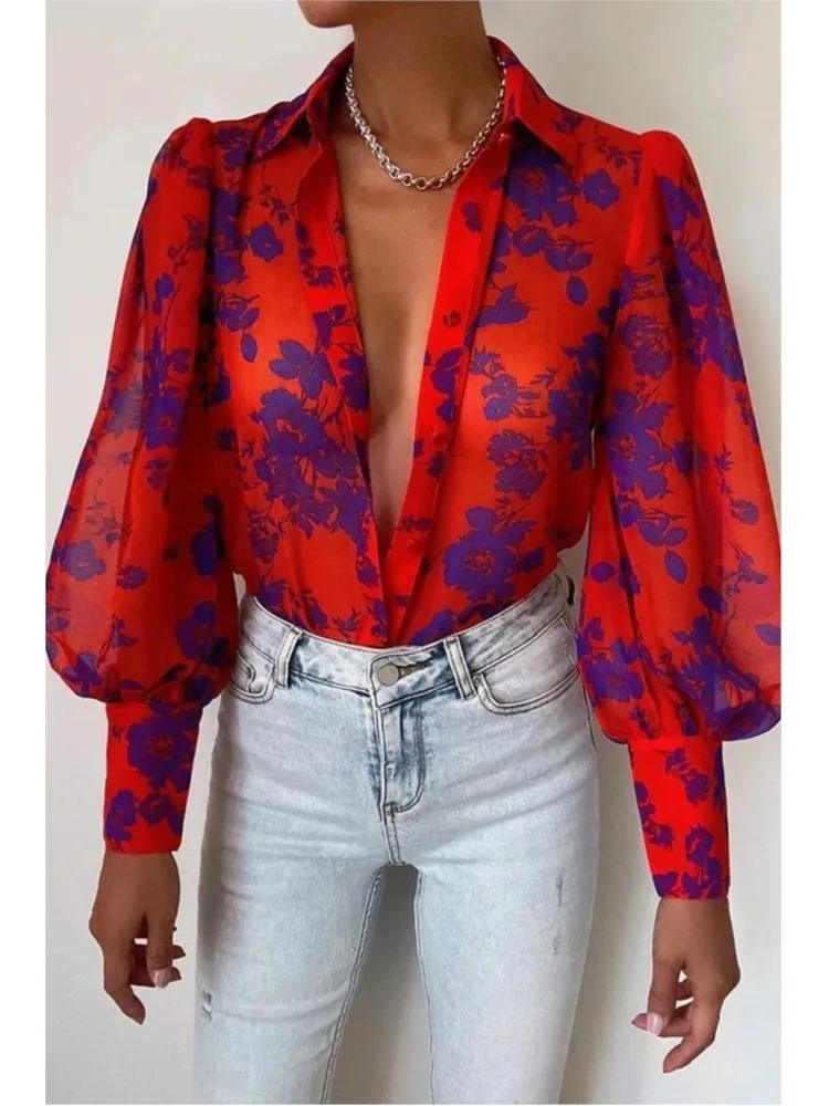 Spring Women Shirt Print Button Lantern Sleeve Elegant Office Loose Blouses 2024 Female New Summer Casual Fashion Ladies Clothes