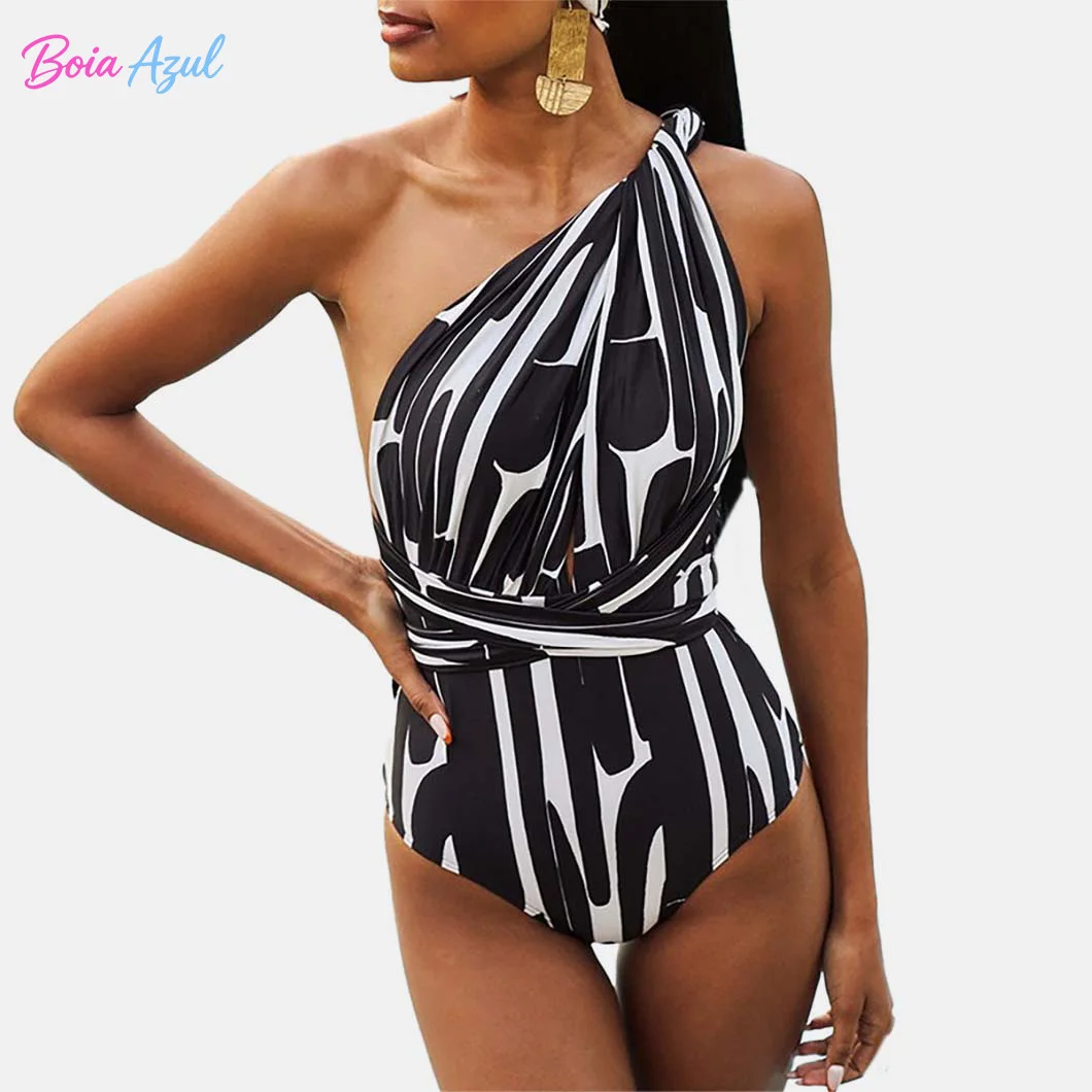 Black and white deep V strap striped swimsuit various ways to wear one-piece swimsuit beach off-the-shoulder women's swimsuit