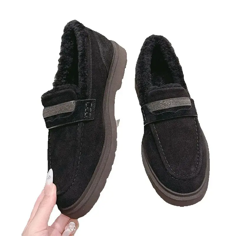 Lazy Loafers Round Toe Suede Women Deep Mouth String Bead Wool Lining Walking Shoes Autumn Winter Versatile Flat Single Shoes