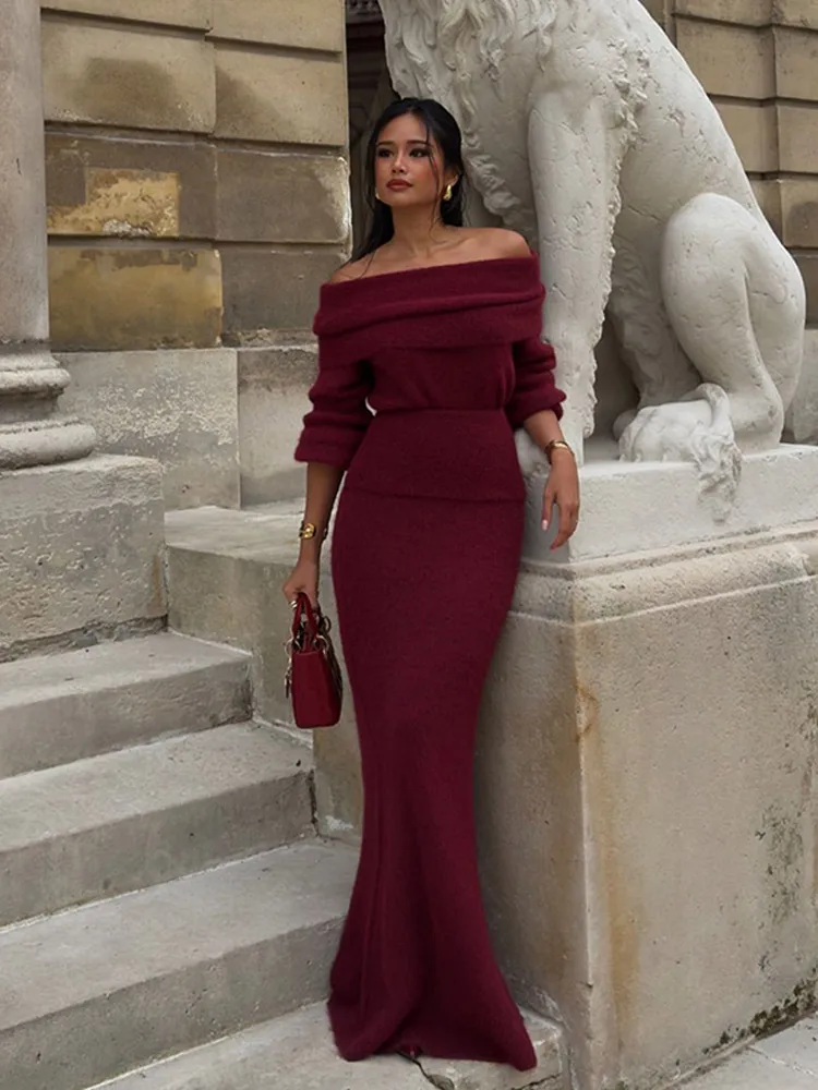 Vestido de manga larga con hombros descubiertos para mujer, traje elegante de cintura alta con un cuello, Color sólido, ropa de calle para fiesta de