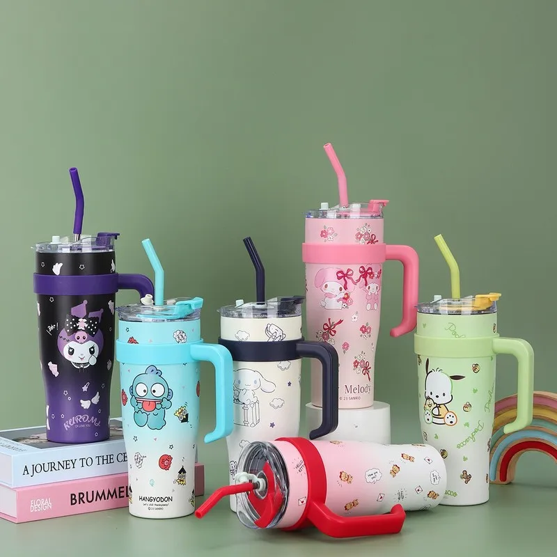 Sanrio stainless steel thermos, water cup, straw, cold, cute Hello Kitty, black longan melody, 1200ml