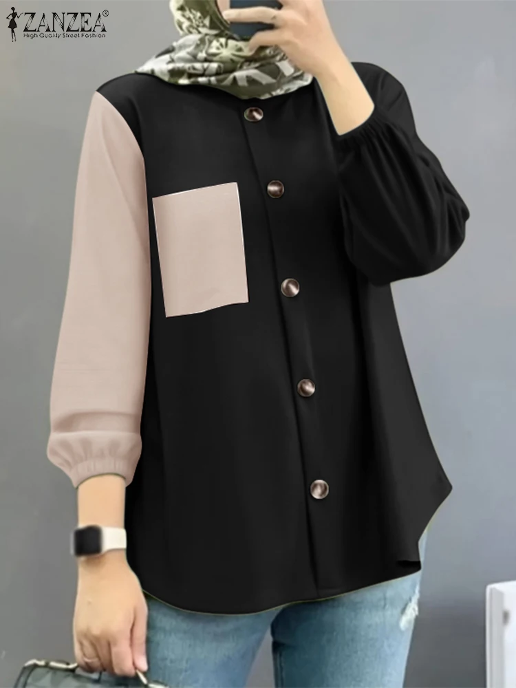 

Women Autumn Patchwork Blouse ZANZEA Muslim Hijab Tops Femme Vintage Long Sleeve O-Neck Shirt Bohemian Buttons Blusas Oversize