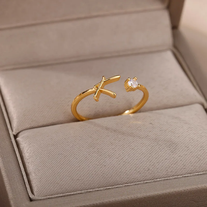 Mini Zircon Initial Letter Rings for Women Opening Gold Color Stainless Steel Ring Wedding Band Jewelry Gift Freeshipping Item