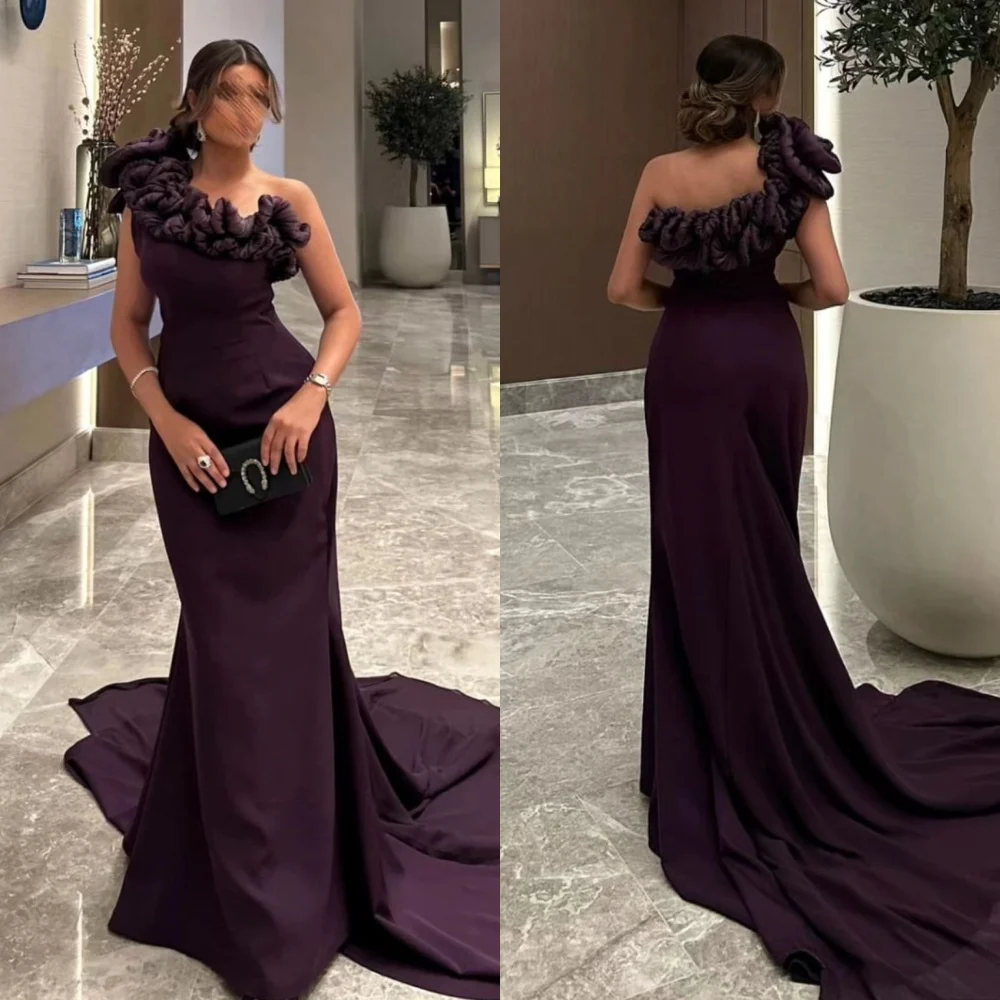 فستان حفلة موسيقية أرجواني داكن مخصص جيرسي مطوي كتف واحد حورية البحر فساتين طويلة سويب تراين فساتين سهرة رسمية 2025