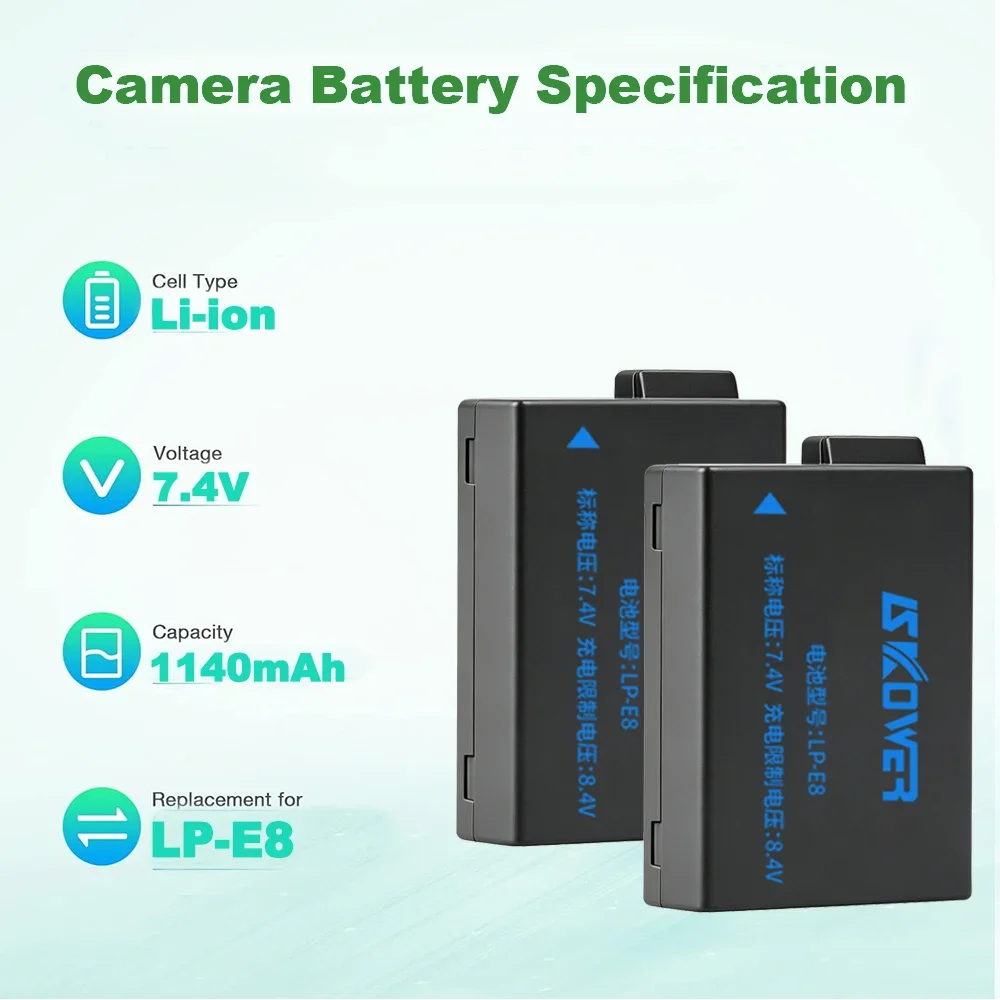 1140mAh LP-E8 Battery for Canon EOS 550D 600D 650D 700D Rebel T2i T3i T4i T5i Kiss X4 X5 X6i X7i SLR Camera LCE8 Dual Charger