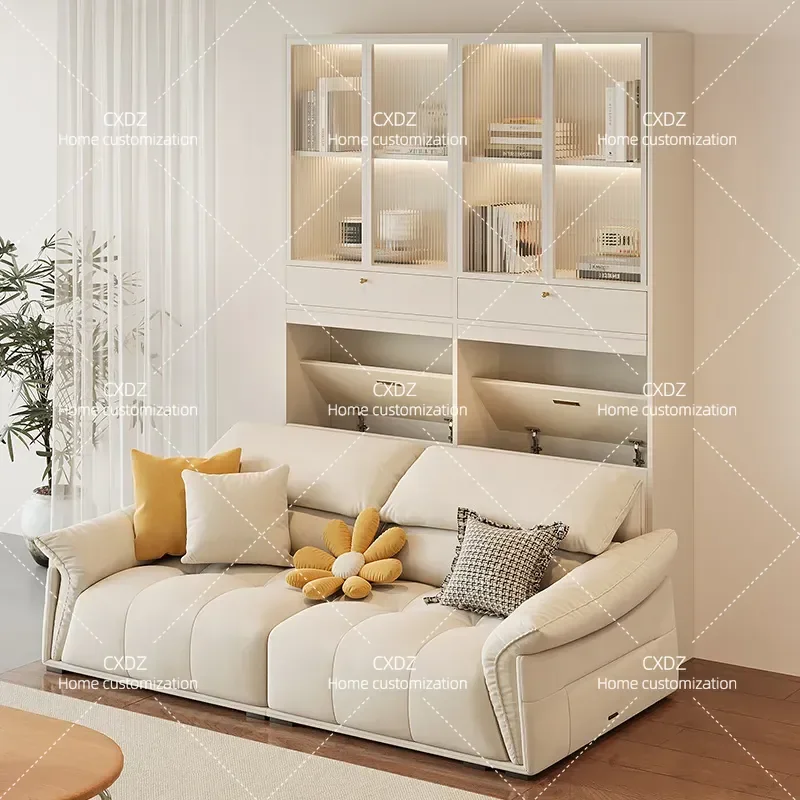 Cream Style Sofa Side Cabinet Simple Solid Wood Bookcase with Glass Door Wall Mounted Storage Unit Pull Out Drawer Organizer