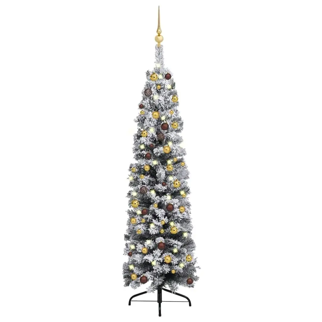 59.1 Slim Pre-lit Green Artificial Christmas Tree with Decorative Ball Set - Festive Holiday Decor