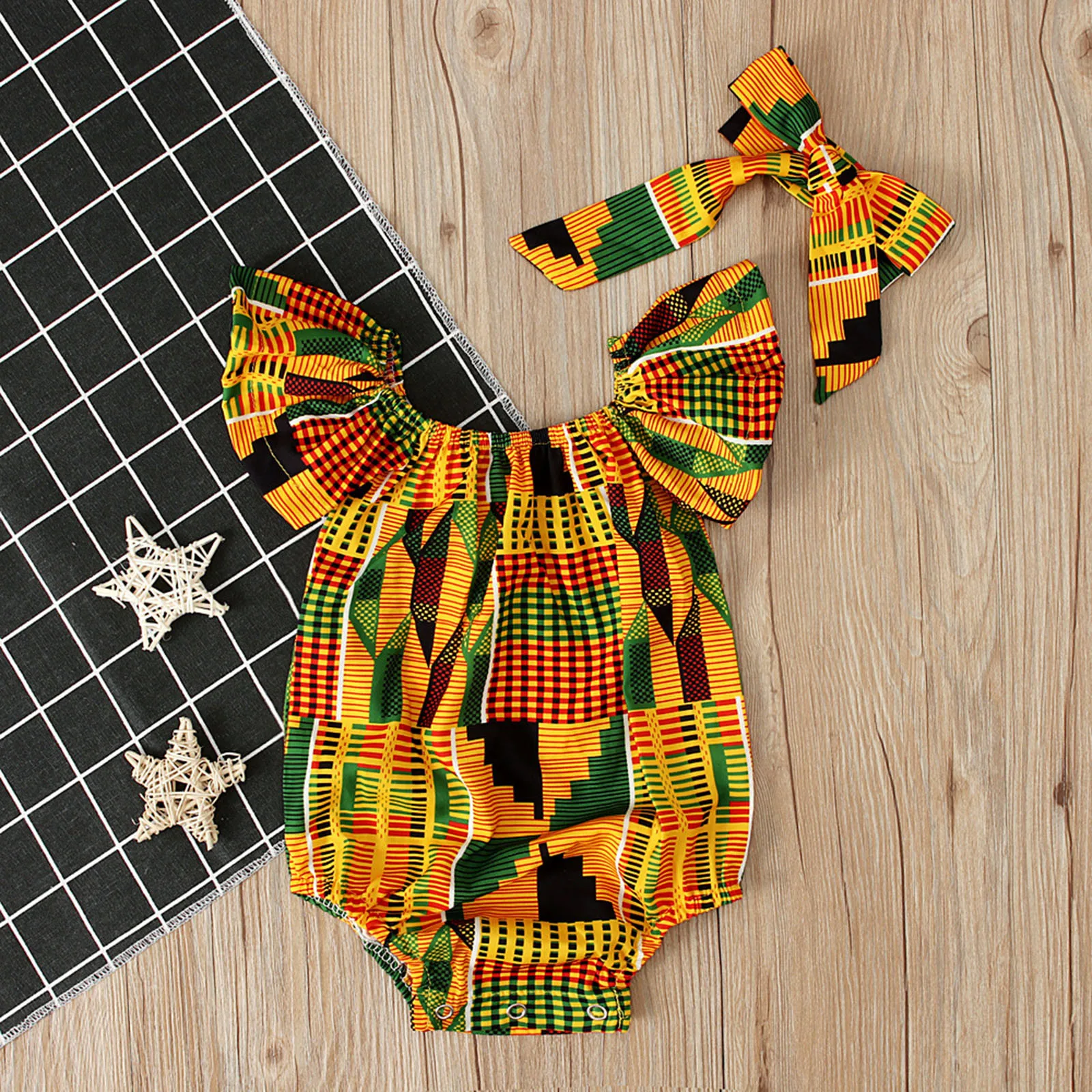 Toddler African Print Off Shoulder Romper+Headband Set Baby Girls Infant Outfits Cute Jumpsuit Hair Band Bodysuits Clothes