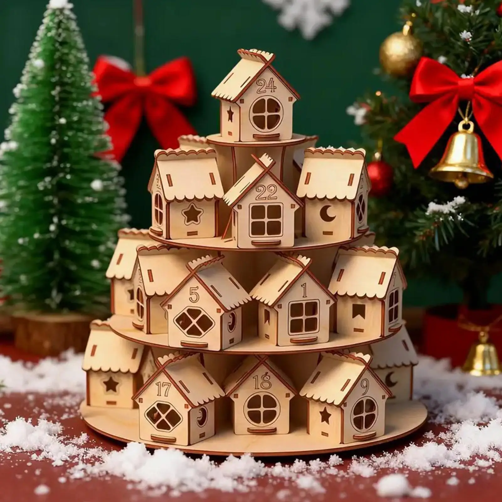 Wooden Christmas Countdown Calendar Ornaments 3D Vintage Layered House Decoration Stand Christmas Decorative Kids Gifts