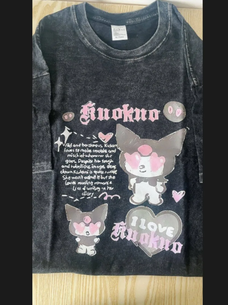 

Vintage Aesthetic Clothes Washed Kuromi Summer Short Sleeved T-shirt Japanese Couple Oversized Graphic T Shirts Loose Y2k Top