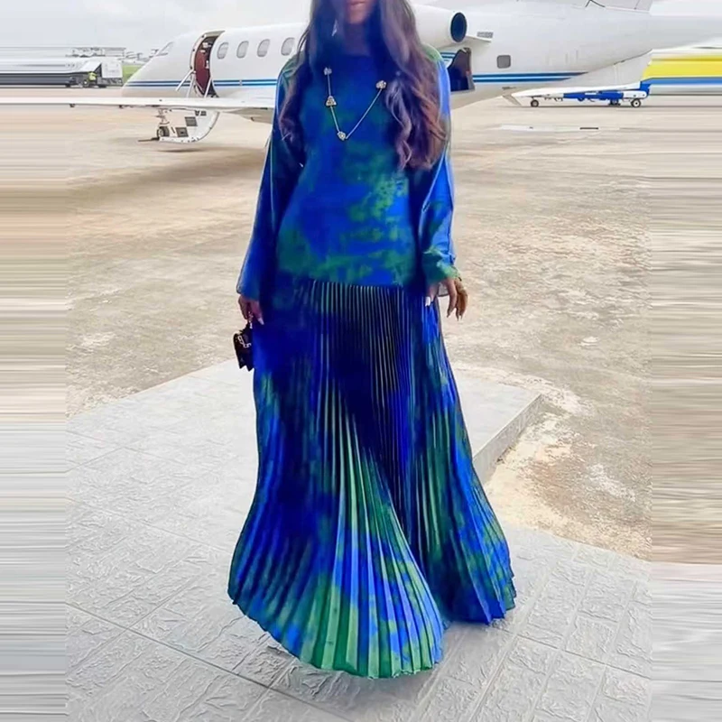 Lässiges Langarm-Damenkleid mit O-Ausschnitt, Vintage-Muster, Plissiertes Urlaubskleid, Sexy Rückenfreies Boho-Kleid