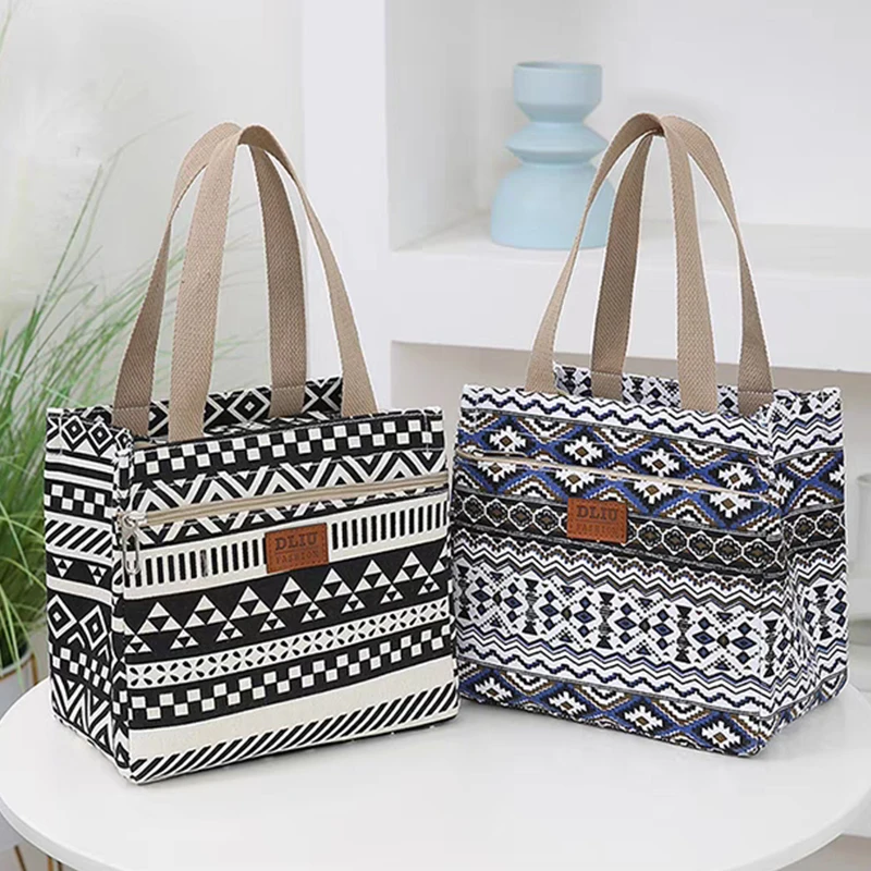 Fashion Striped Pattern Large Capacity Versatile Handbag Office Worker Commuter Lunch Bento Tote Bag