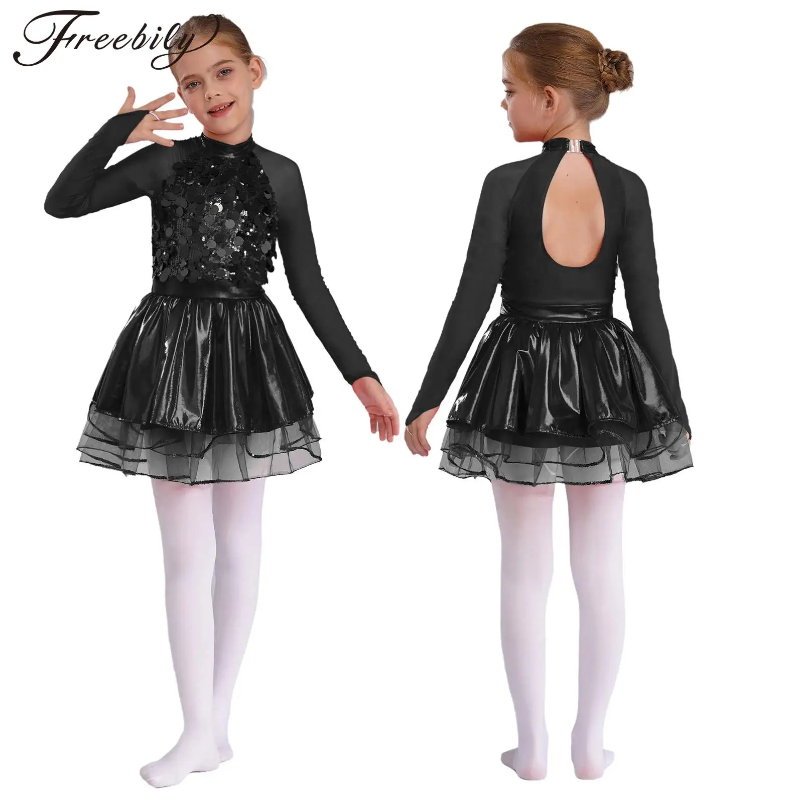 

Детское платье-пачка для джазовых танцев для девочек, прозрачное сетчатое трико с длинными рукавами и блестящими пайетками цвета металлик для балета, катания на коньках, гимнастики