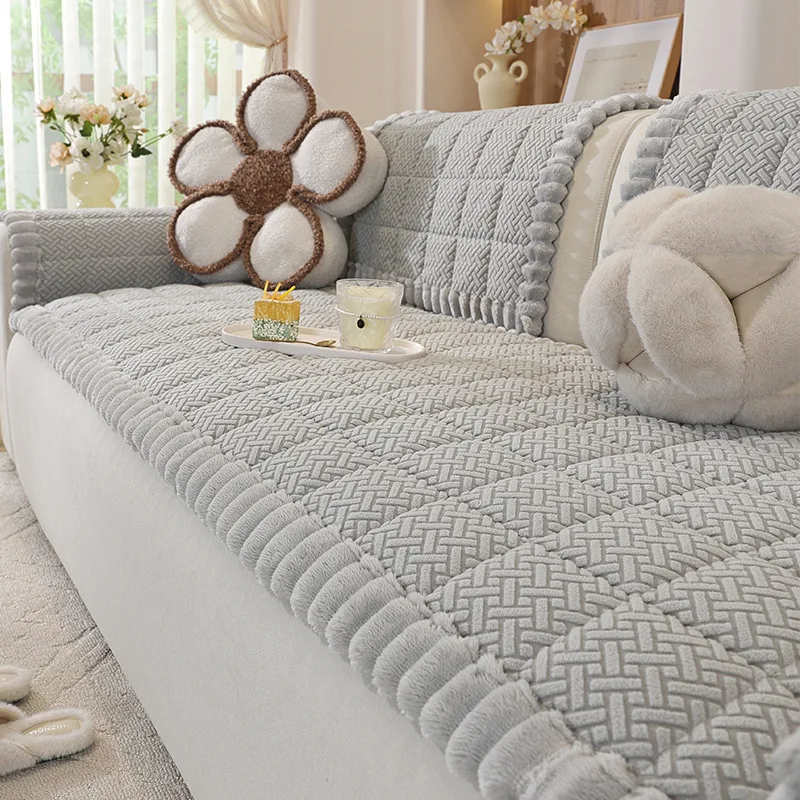 Diagonal Grid Edging Fixed Anti Slip Sofa Cushion French Solid Four Season Universal Sofa Cover Thick Soft Home Protective Cover