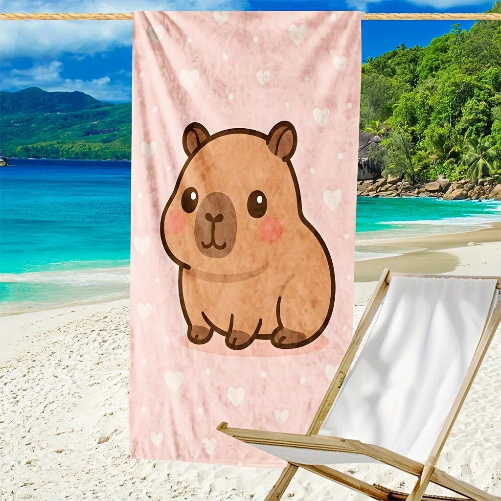 1PC Pink Heart Bottom Adorable Capybara Beach Towel Girl's Heart Quick Dry Absorbent Swimming Large Bath Towel
