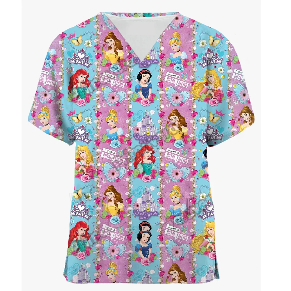 Women's Short sleeved T-shirt Disney Princess Print Cartoon Clinic Pharmacist Summer Short sleeved Veterinary Cleaning Uniform T