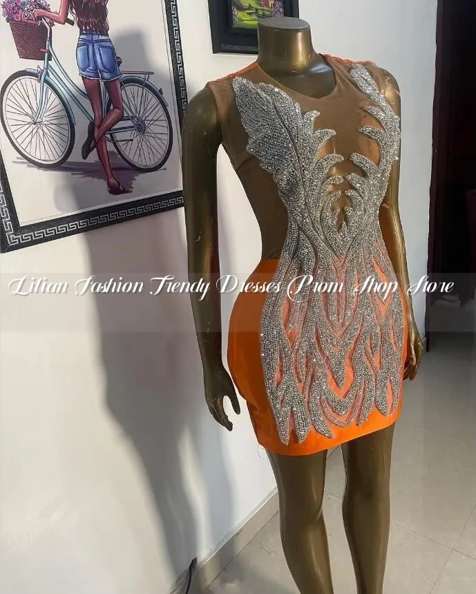 Robe de cocktail de luxe pour femmes, mini robe de soirée, orange, diamant, cristal, zone d'anniversaire, ecoming, robe éducative, Rotterdam Kly, 2024