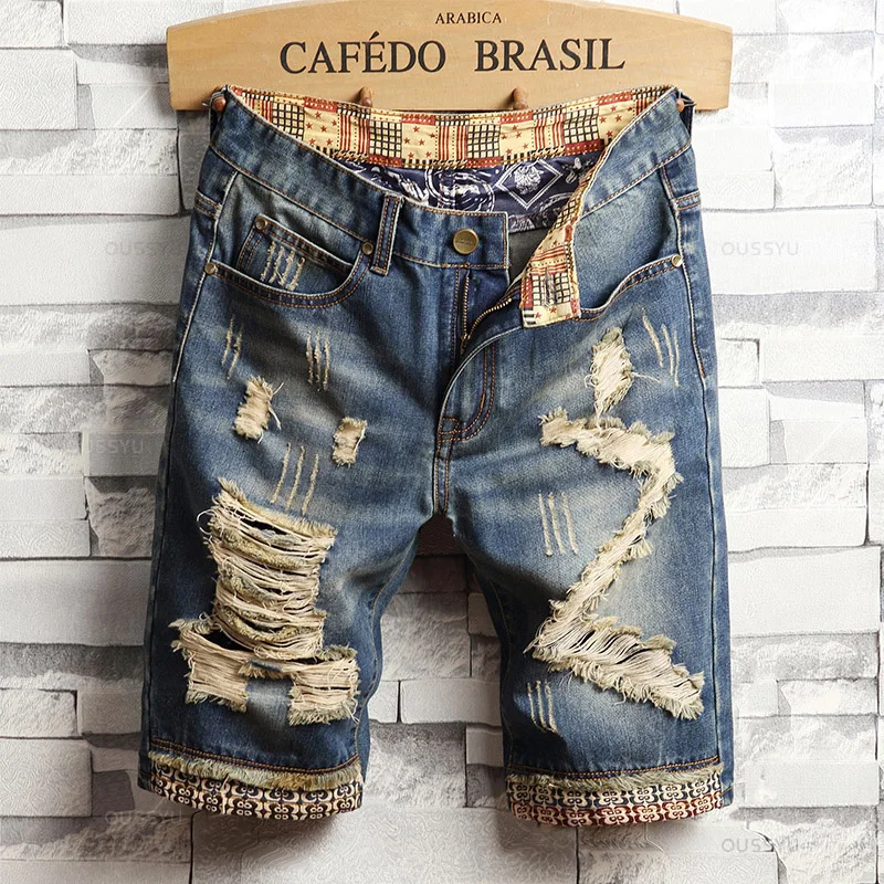 Brand Clothing New Summer Ripped Hole Denim Shorts Men Cotton Thin Straight Retro Biker Knee Length Short Jeans Male Streetwear