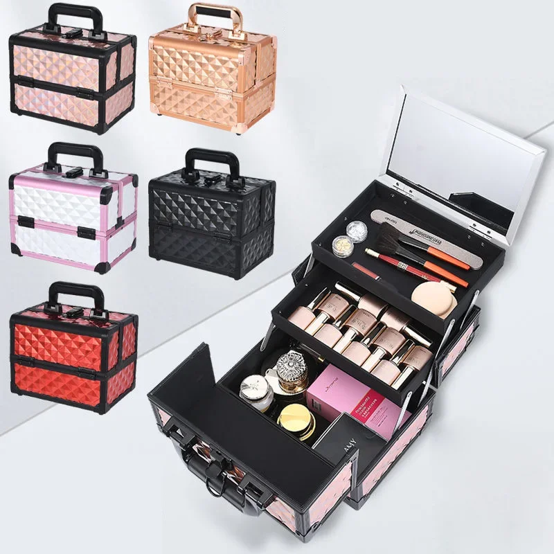 2024 Professional Makeup Box Aluminum Alloy Make Up Organizer Women Cosmetic Case with Mirror Travel Large Capacity Suitcase Bag