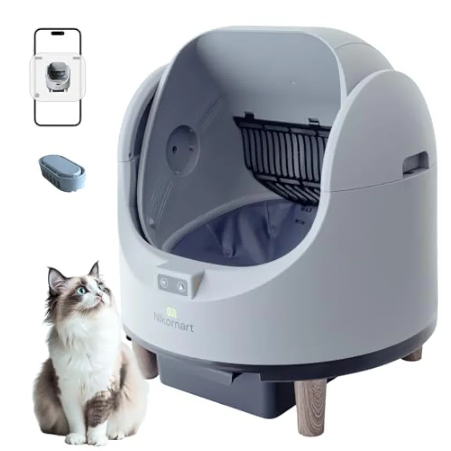 

Автоматический самоочищающийся лоток для кошек с открытым верхом, 68 л, большой, для нескольких кошек - серый, с управлением через приложение и функцией ароматизации