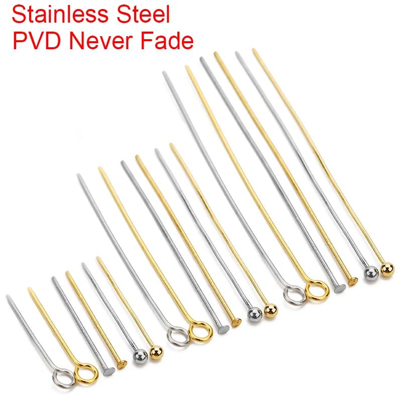 30 100 Uds nunca se decolora PVD agujas de cabeza plana de acero inoxidable pines a granel 20mm 30mm 40mm horquillas circulares para la fabricación de joyas