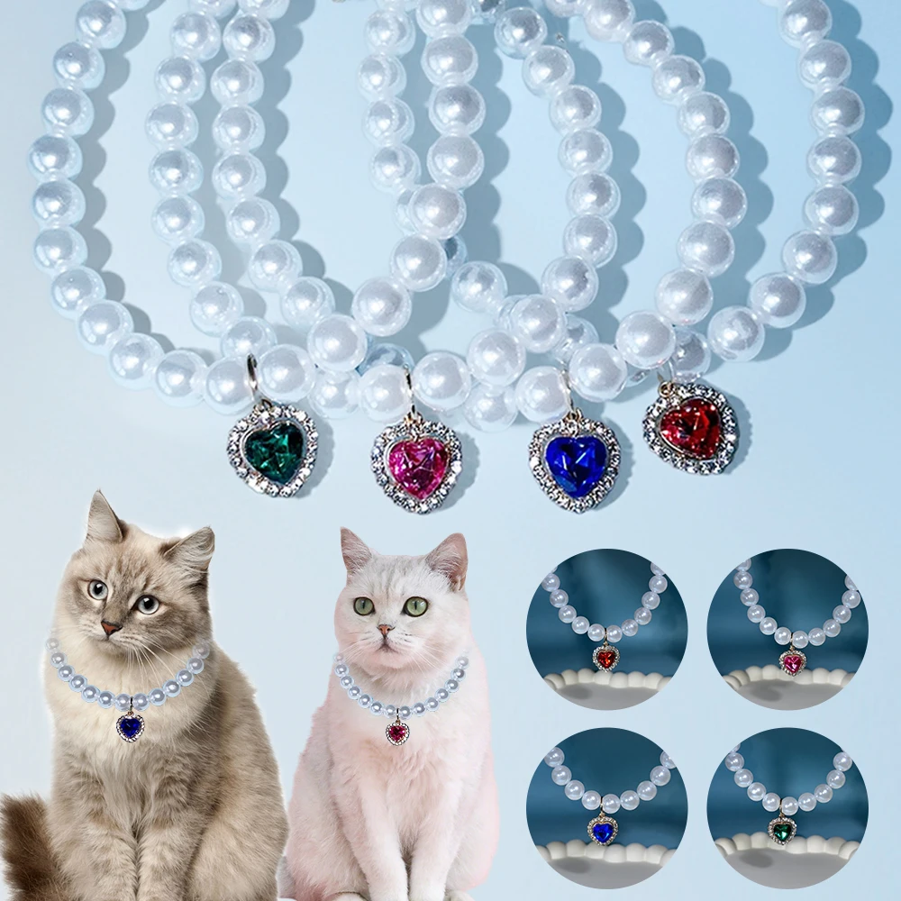 

New Cat Dog Collar Pearl Necklace with Rhinestone Diamond Heart Pendant Vintage Love Puppy Kitten Ornament