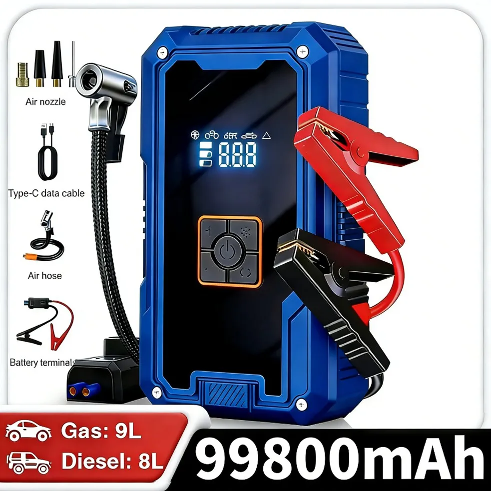 Portable Car Jumper Starter with Air Compressor 3000A 99800mAh Car Battery Jumper Starter with Flashlight and Jumper Cable