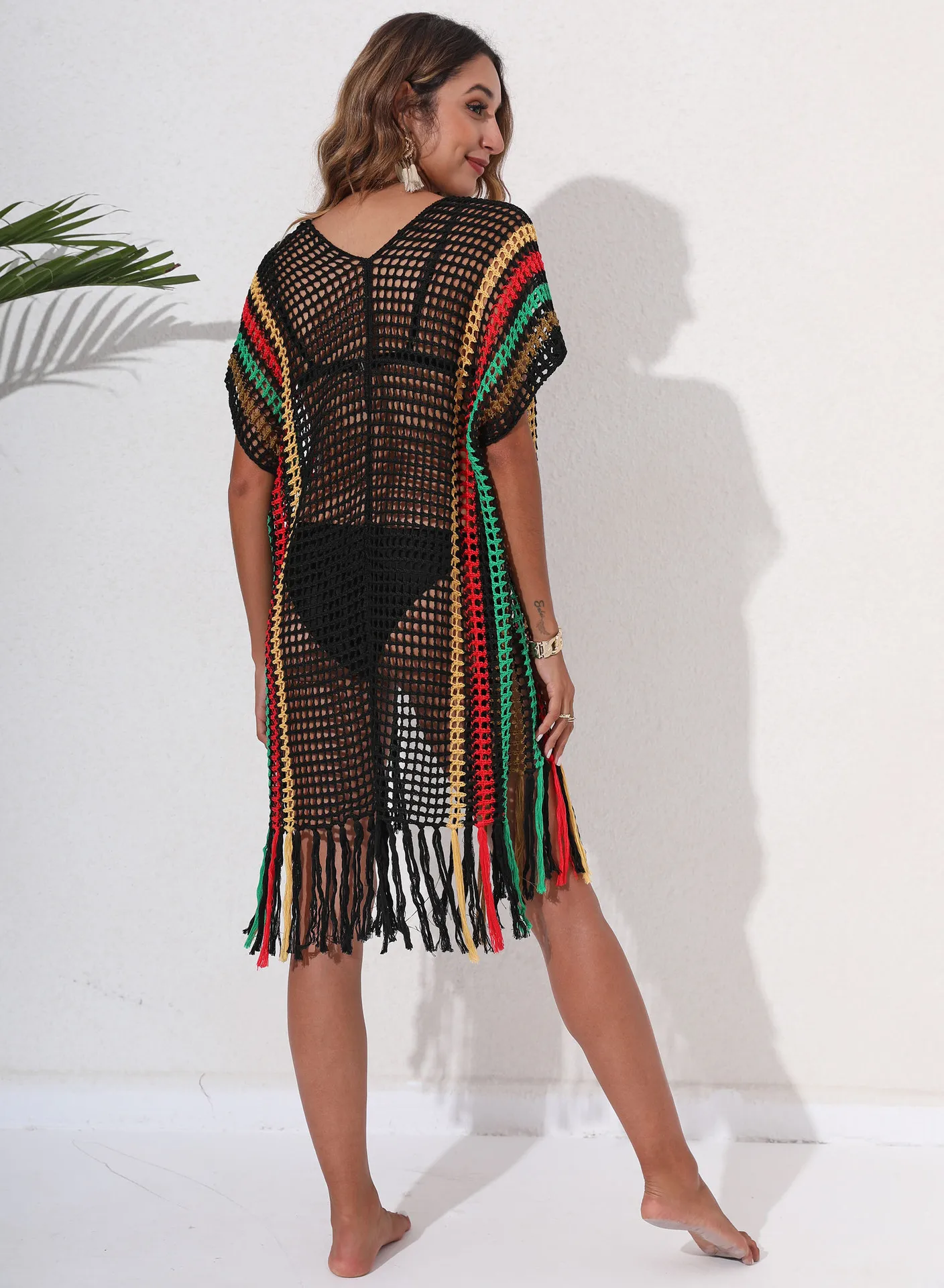 Cárdigan de punto Sexy para mujer, vestido tipo pareo para Bikini, traje de baño, túnica, Color bloque, rayas, retales, borlas, ropa de playa con abertura alta