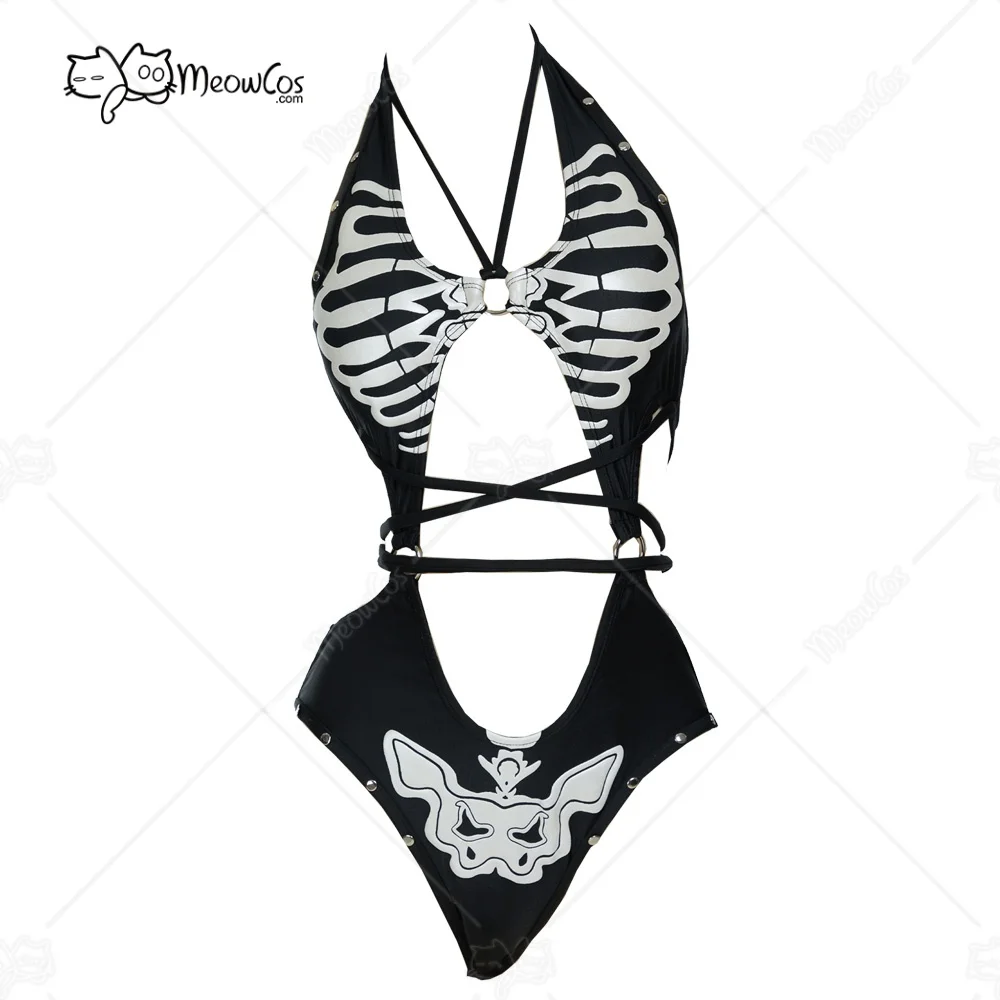 

MEOWCOS Women One Piece Swimsuits with Skull Design Cut Out Gothic Swimsuit Bathing Suit