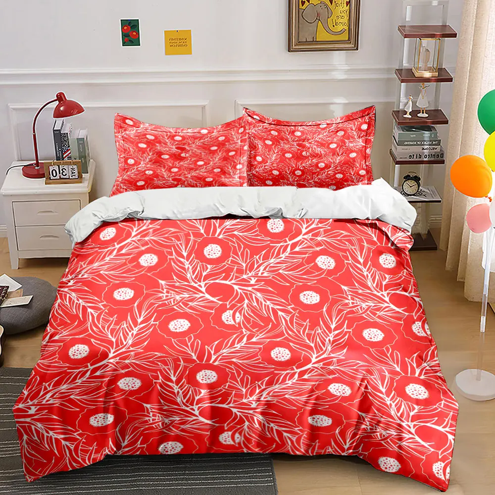 Red background with white floral patterns Print Soft Comfortable Duvet Cover Bedding Set Included 1*Duvet Cover 2*Pillowcases