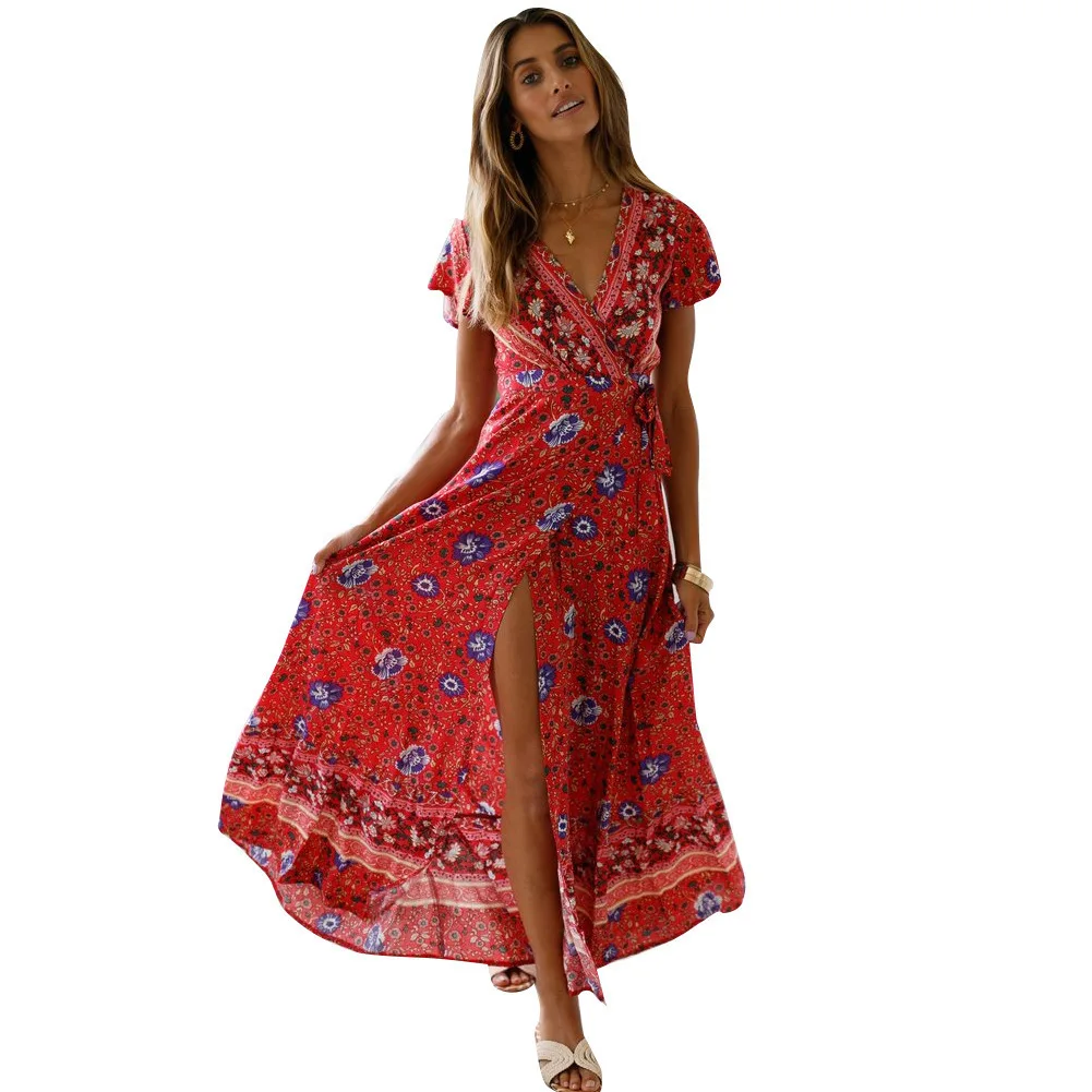 2024 cross-border new product summer casual hot-selling vacation printed dress sexy long dress women\'s clothing