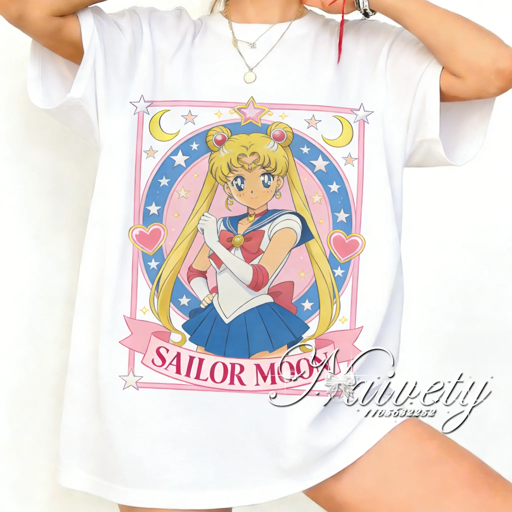 

2026 Sailor Moon Print Cotton T-shirt Unisex Couple Student Short Sleeve Tee Anime Tsukino Usagi Graphic Top for Travel Daily