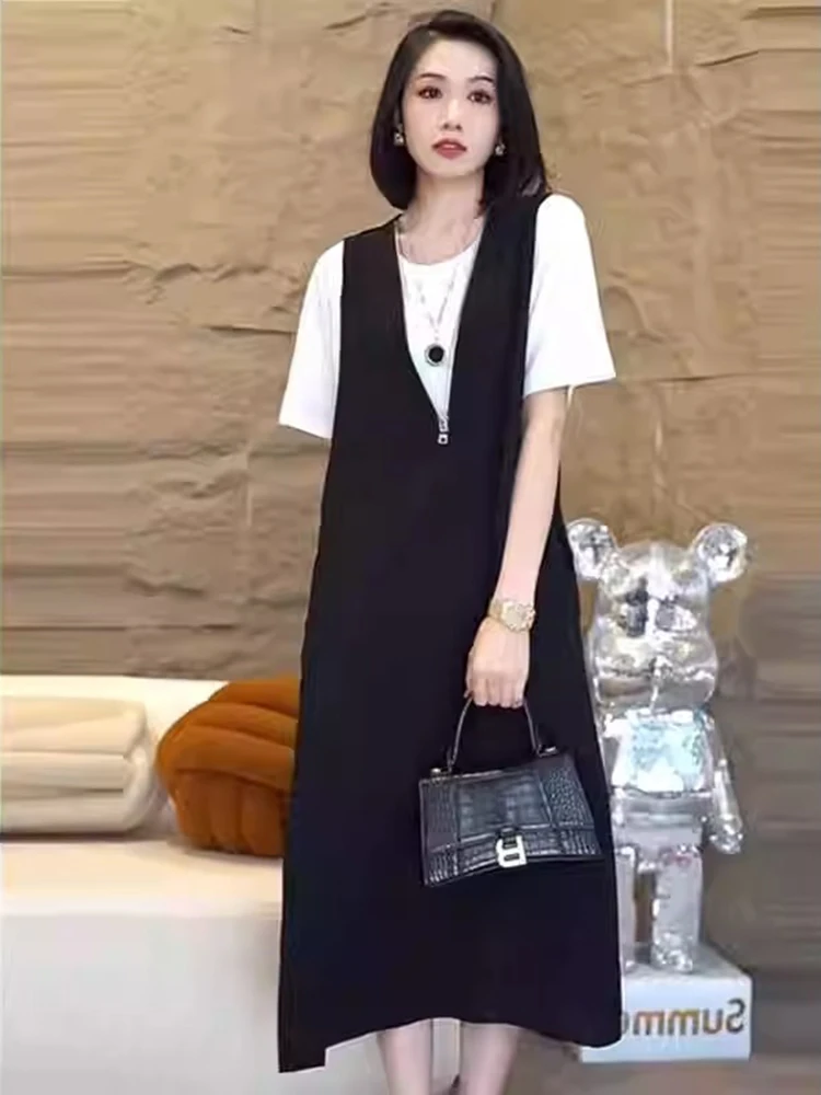 플러스 사이즈 여름 캐주얼 루즈 티셔츠 드레스, 살을 가려주는 A라인 스커트, 하이웨이스트 지퍼 슬레, 출퇴근 패션