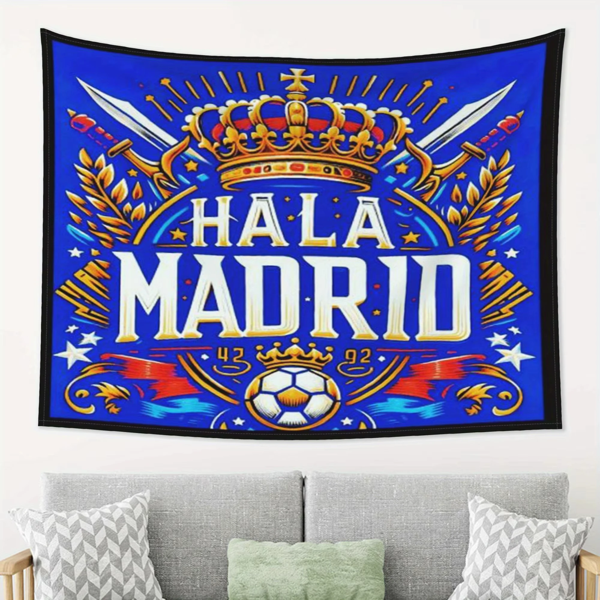 Elegante tapiz de diseño Hala Madrid, perfecto para agregar un toque vibrante y apasionado a tu decoración del hogar, tela para colgar en la pared
