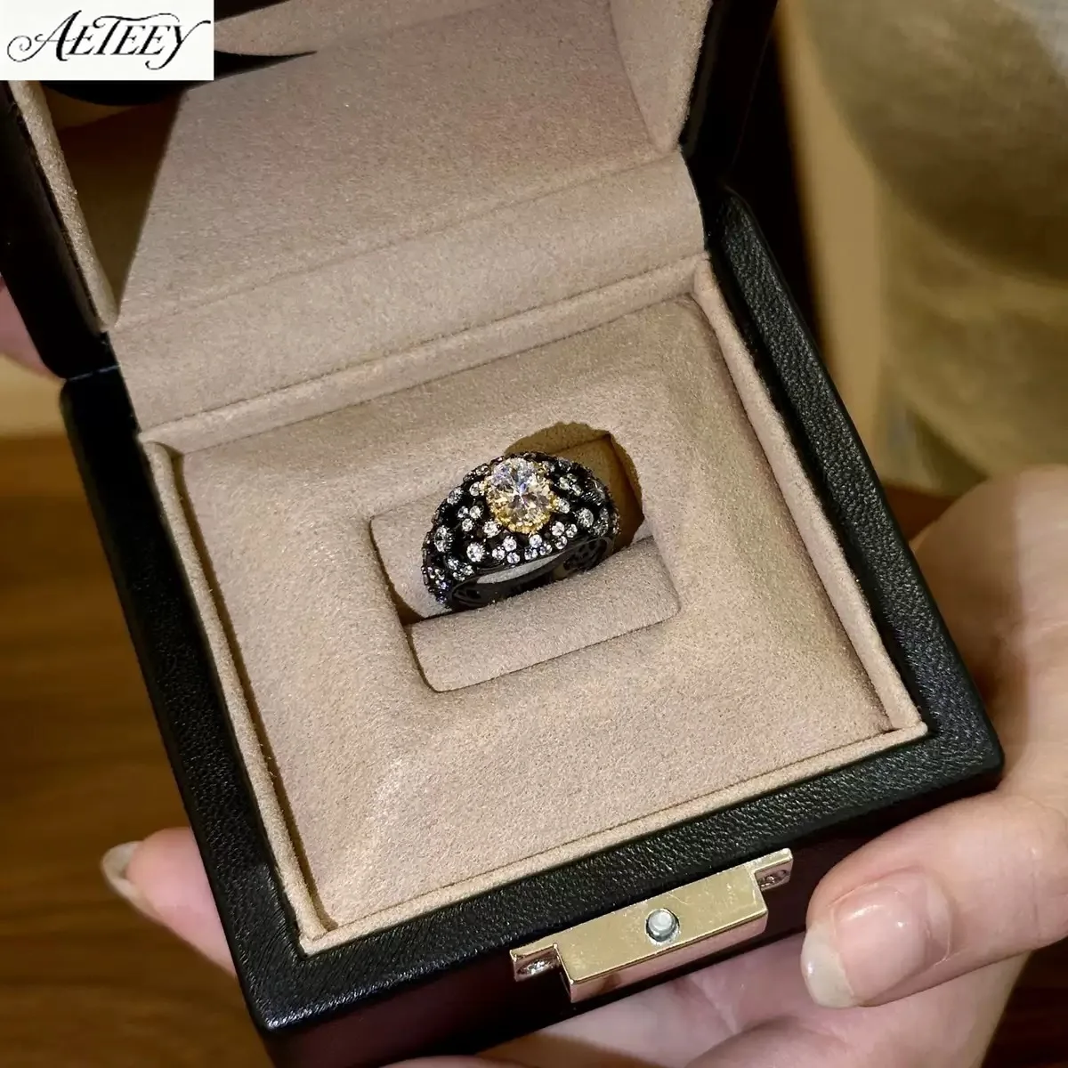 AETEEY S925 Silver Black Plated Starry Teardrop Oval Zircon Ring Light Luxury Women Finger Jewelry