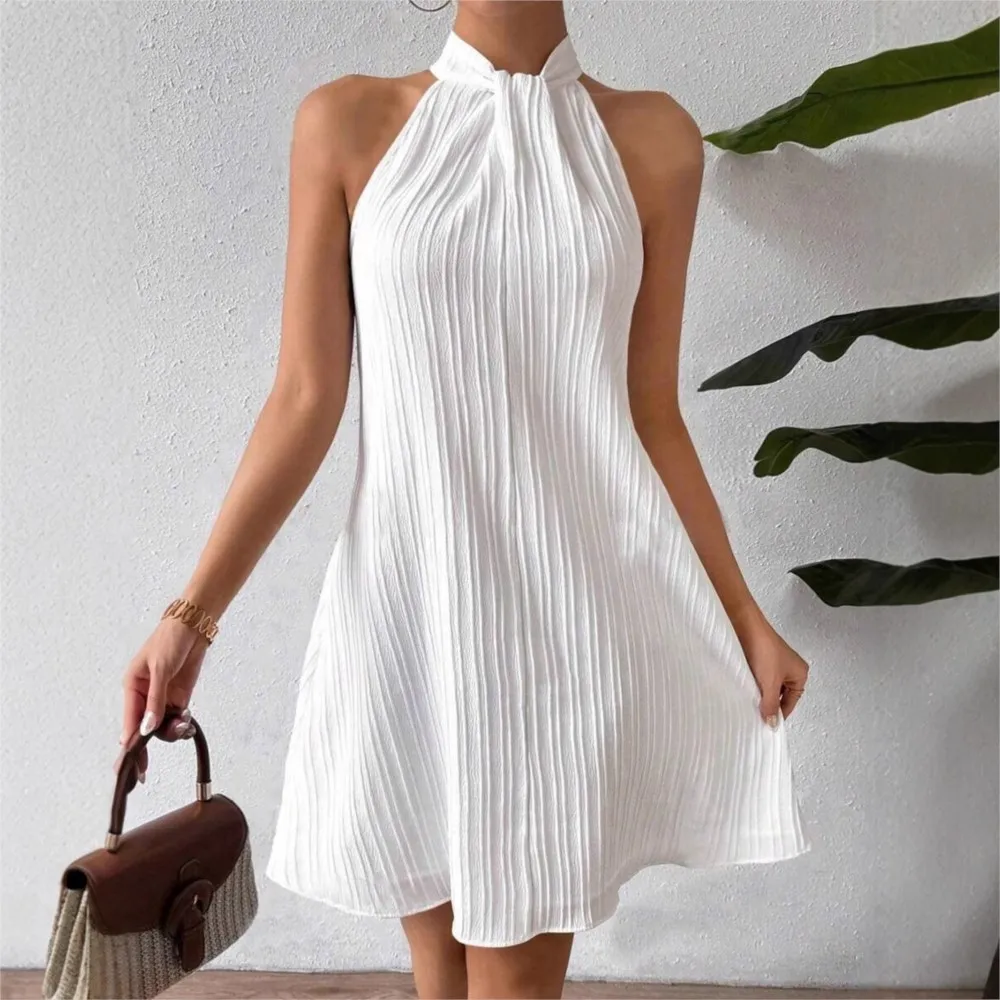 2026 Casual A-line Dress Dresses For Lady Vestidos Simple Style All-match Temperament Holiday Halter Neck Solid Color Sleeveless