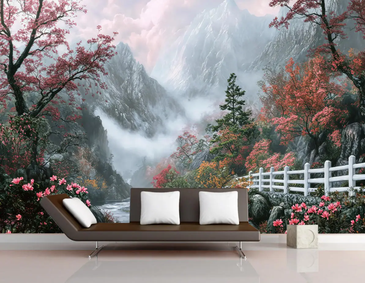 Custom  Mountain Lake Bird Photo Wallpaper for Living Room TV Background Natural Landscape Pink cherry blossom tree Wall paper