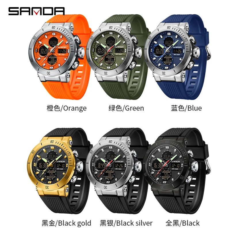 SANDA 6191 Men New Watch Countdown Stopwatch  Waterproof Led Light Electronic Wristwatch 5Alarm Clock 3 Time Digital Watches